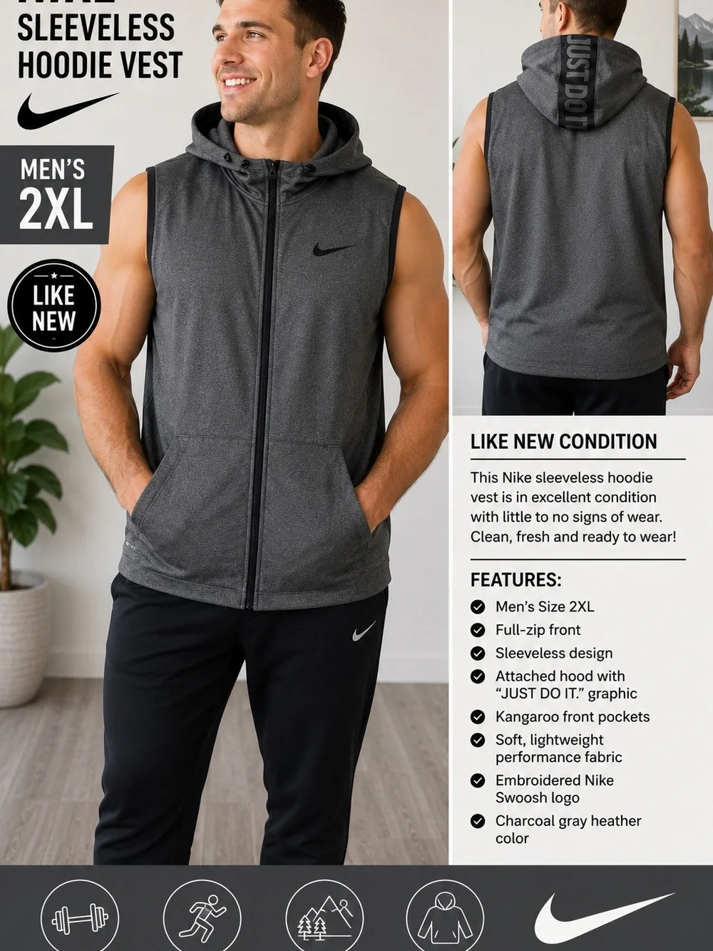 Nike Charcoal Gray Sleeveless Hoodie Vest - Full Zip